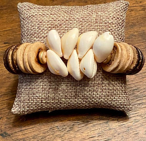 African-Inspired Cowrie Shell and Wood Disc Bracelet