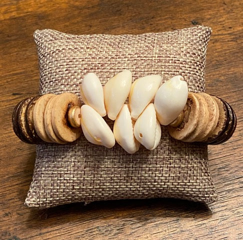 African-Inspired Cowrie Shell and Wood Disc Bracelet