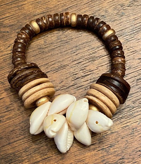 African-Inspired Cowrie Shell and Wood Disc Bracelet