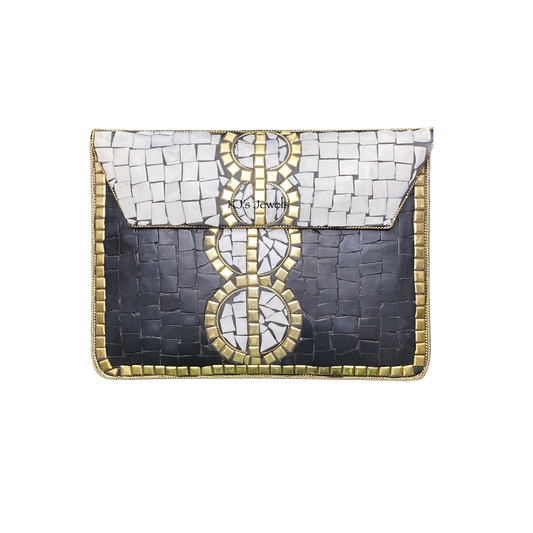 Ladies' Black and White Mosaic Tile Handbag with Gold Metal Accent Tiles