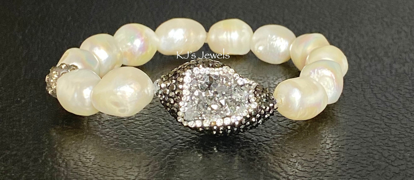 Large Baroque Pearl Bracelet w/Druzy and Pave Accent Bead