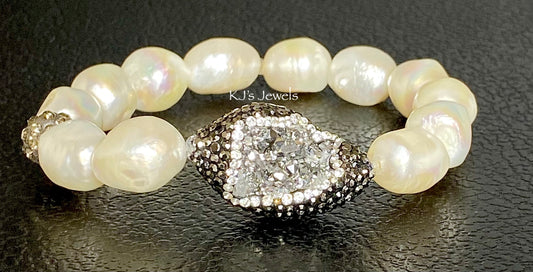 Large Baroque Pearl Bracelet w/Druzy and Pave Accent Bead