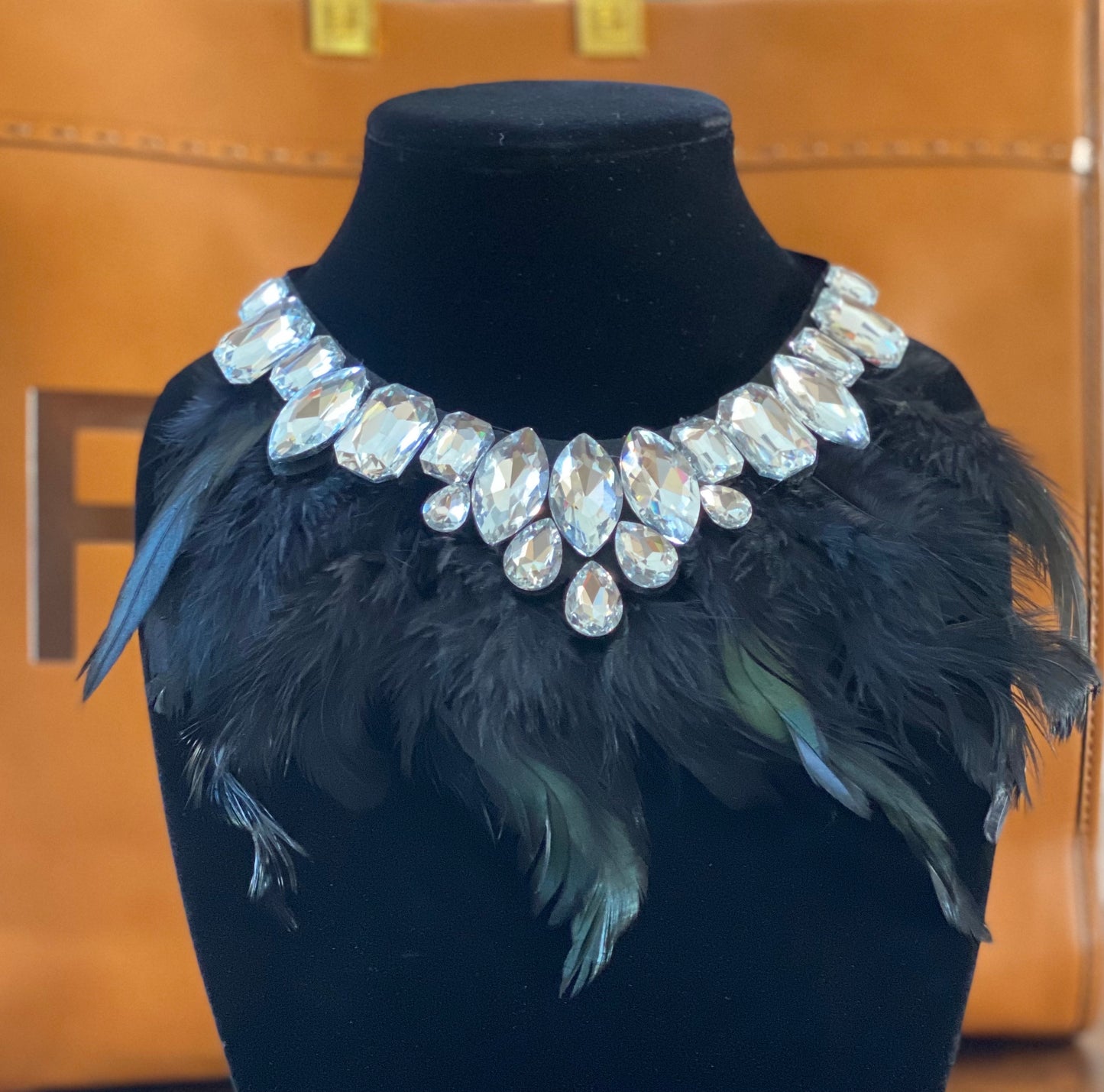 Black Feather Necklace with Crystal Accent Collar
