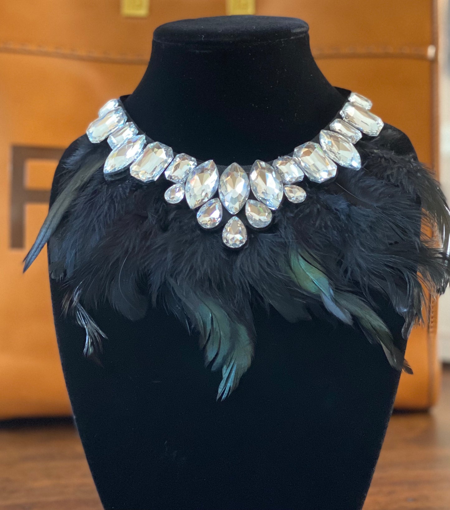 Black Feather Necklace with Crystal Accent Collar