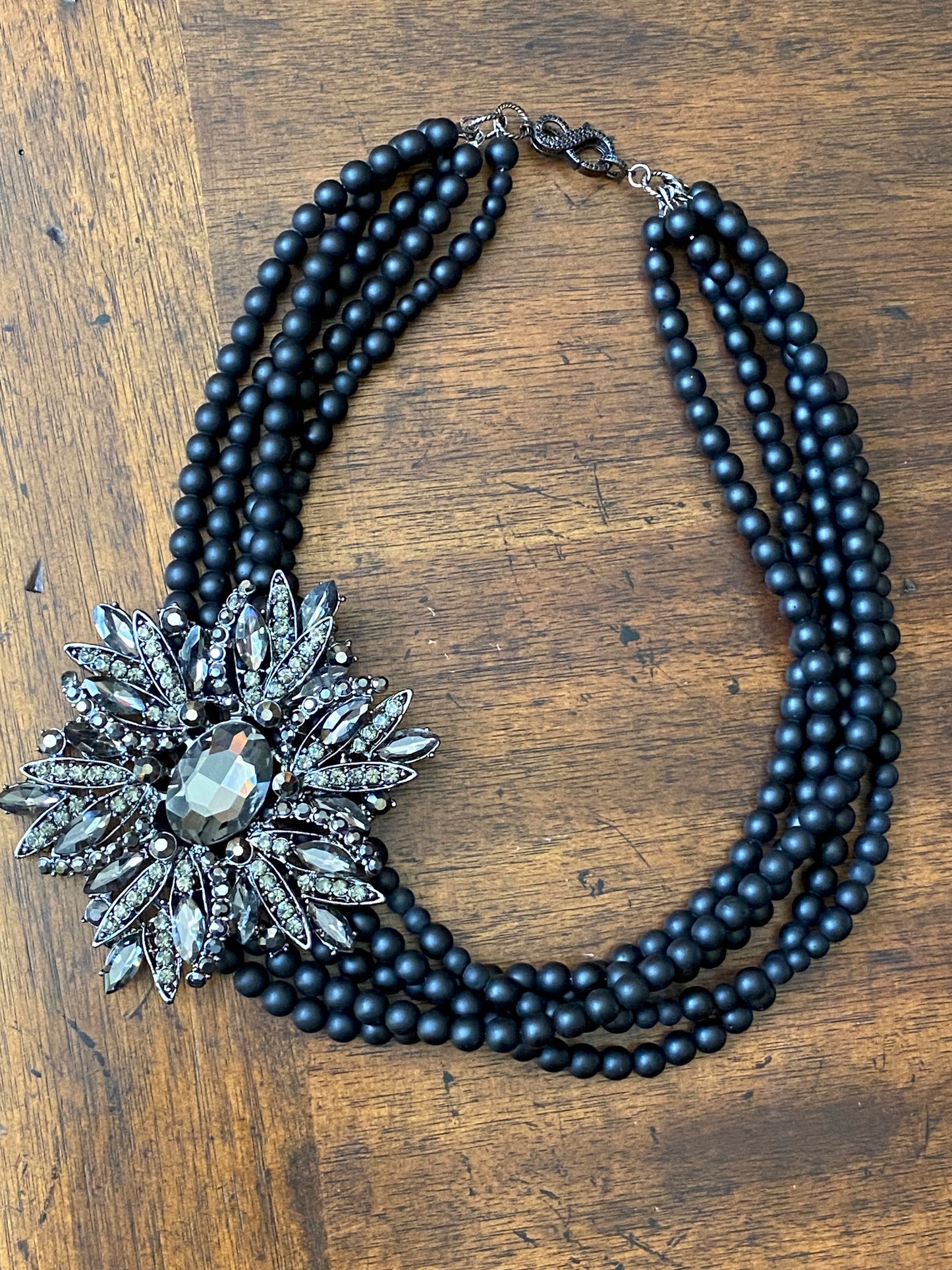 Black Multi-Strand Brooch Statement Necklace