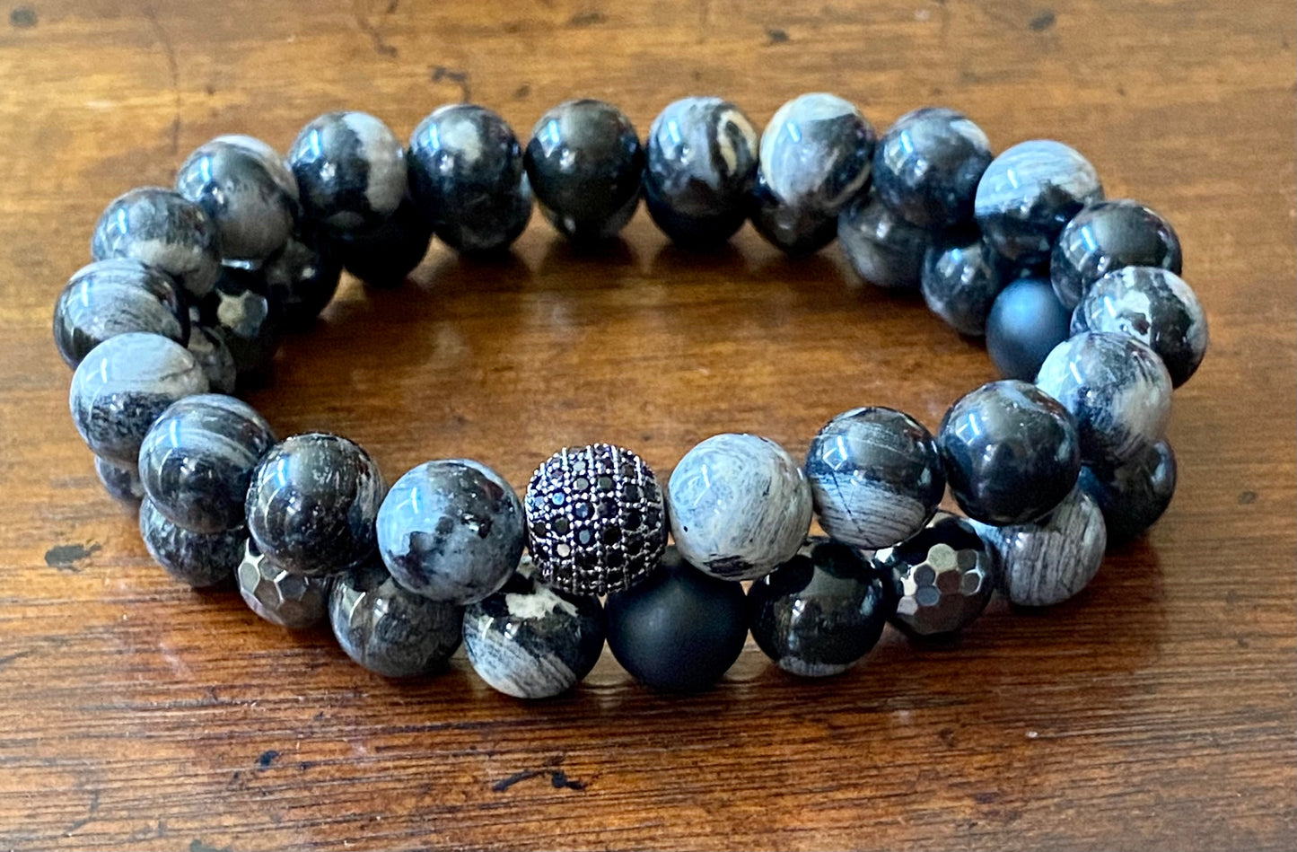 Men's Black Silver Leaf Jasper Bracelet Stack