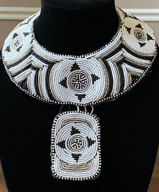 Handcrafted Black, White And Silver Beaded Collar Necklace