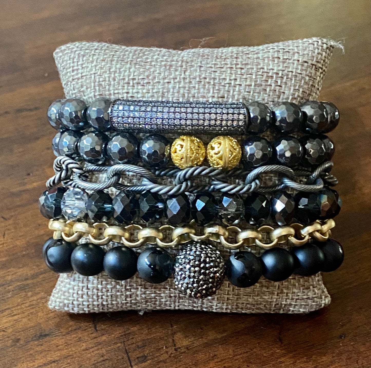 Black and Gold Bead and Chain Bracelet Stack