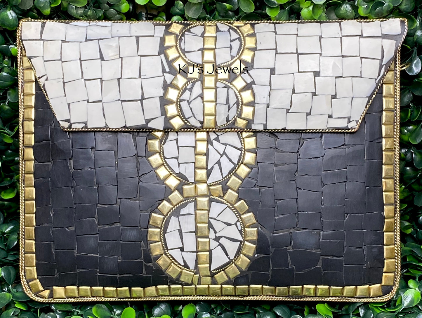 Black and White Mosaic Tile Bag with Gold Metal Accent Tiles