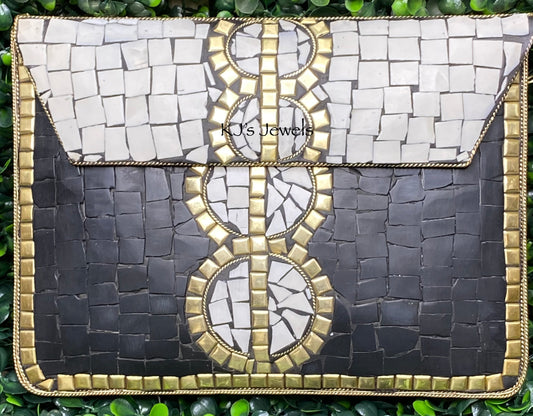 Ladies' Black and White Mosaic Tile Handbag with Gold Metal Accent Tiles