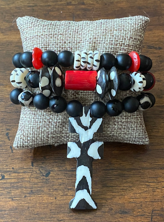 Ladies' Batik Bone Bracelet Stack with Cross Pendant