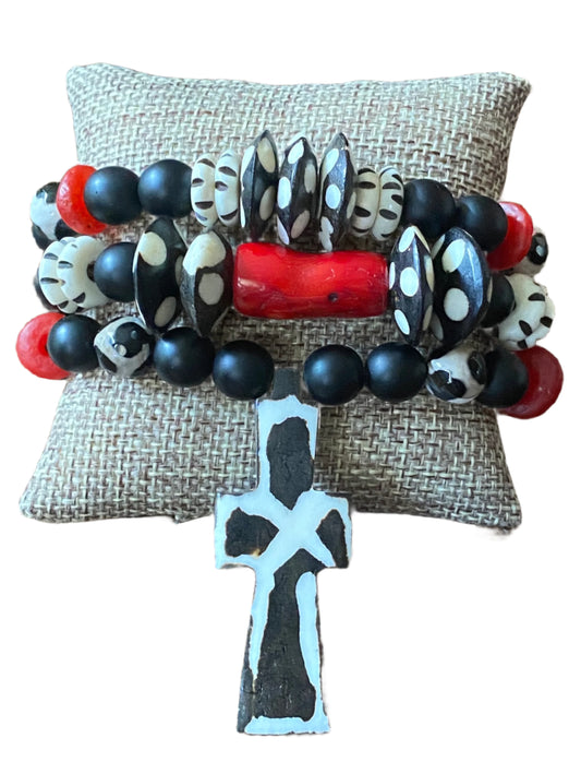 Ladies' Batik Bone Bracelet Stack with Cross Pendant