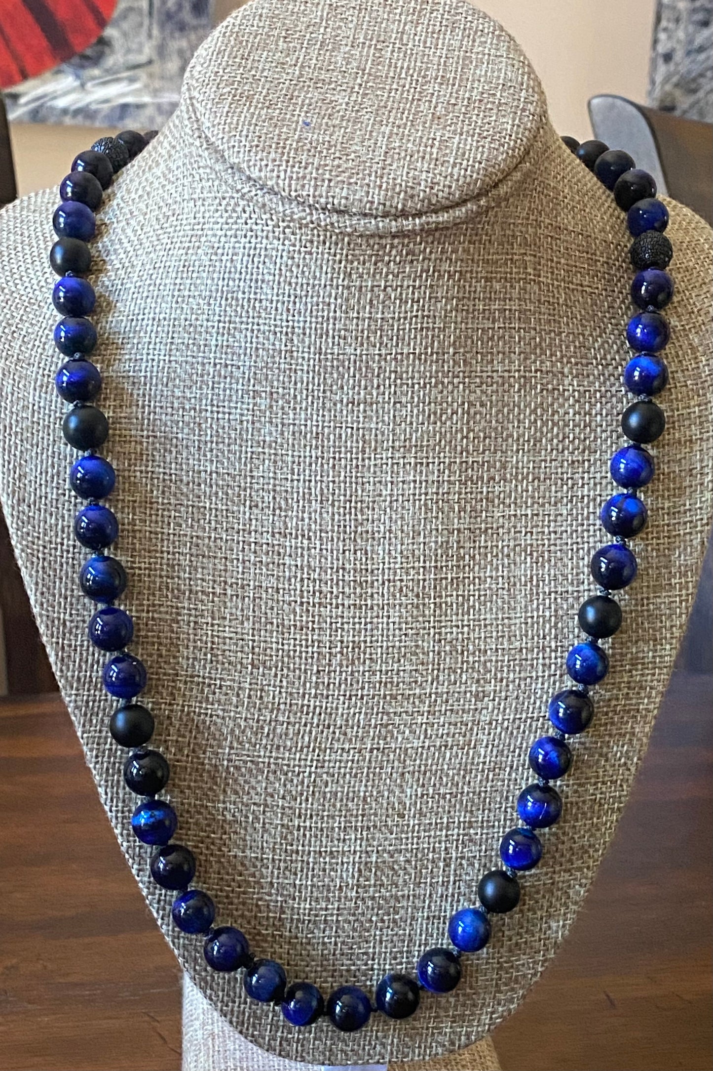 Men's Blue Tiger's Eye Beaded Necklace