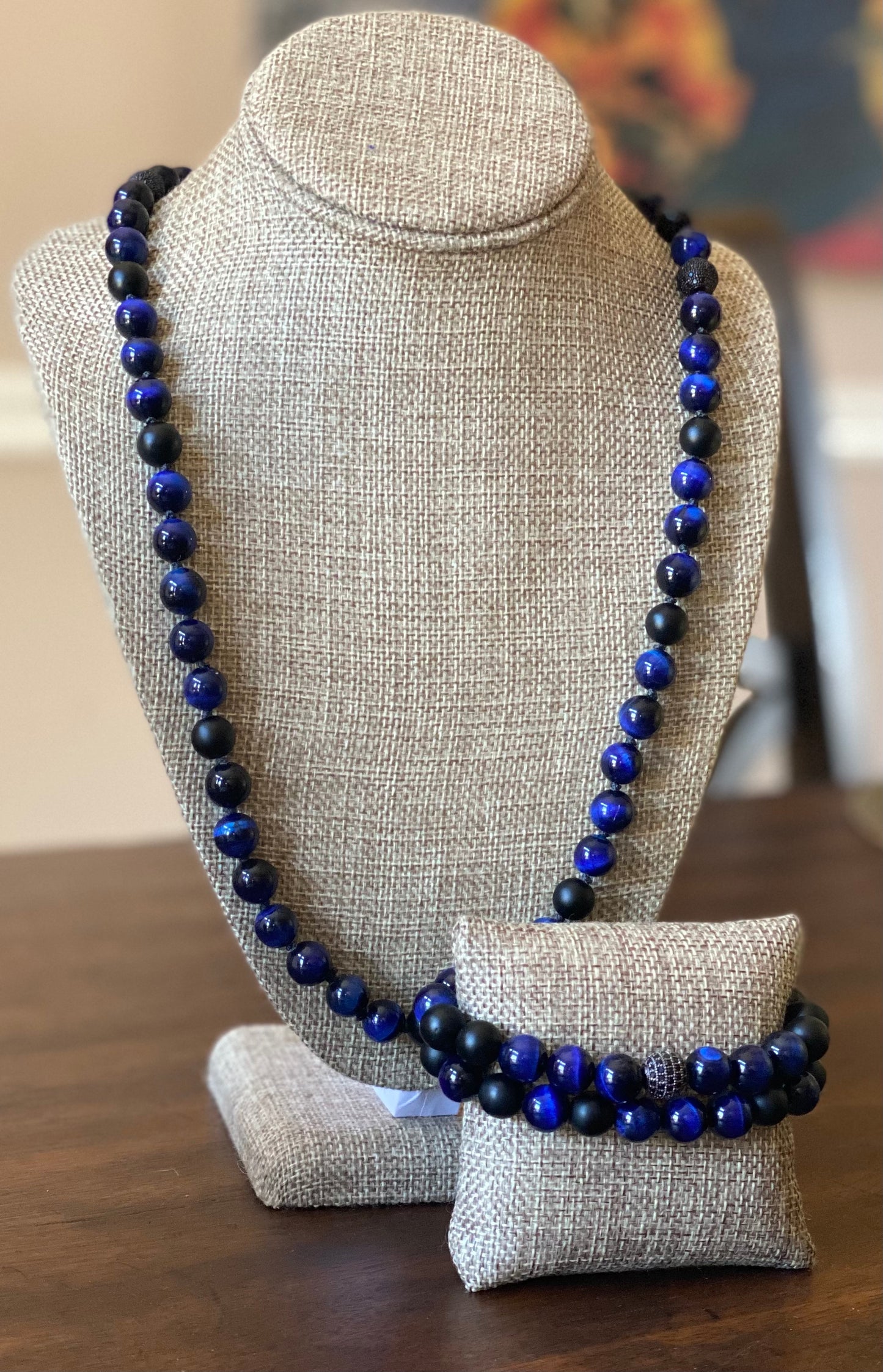 Men's Blue Tiger's Eye Beaded Necklace