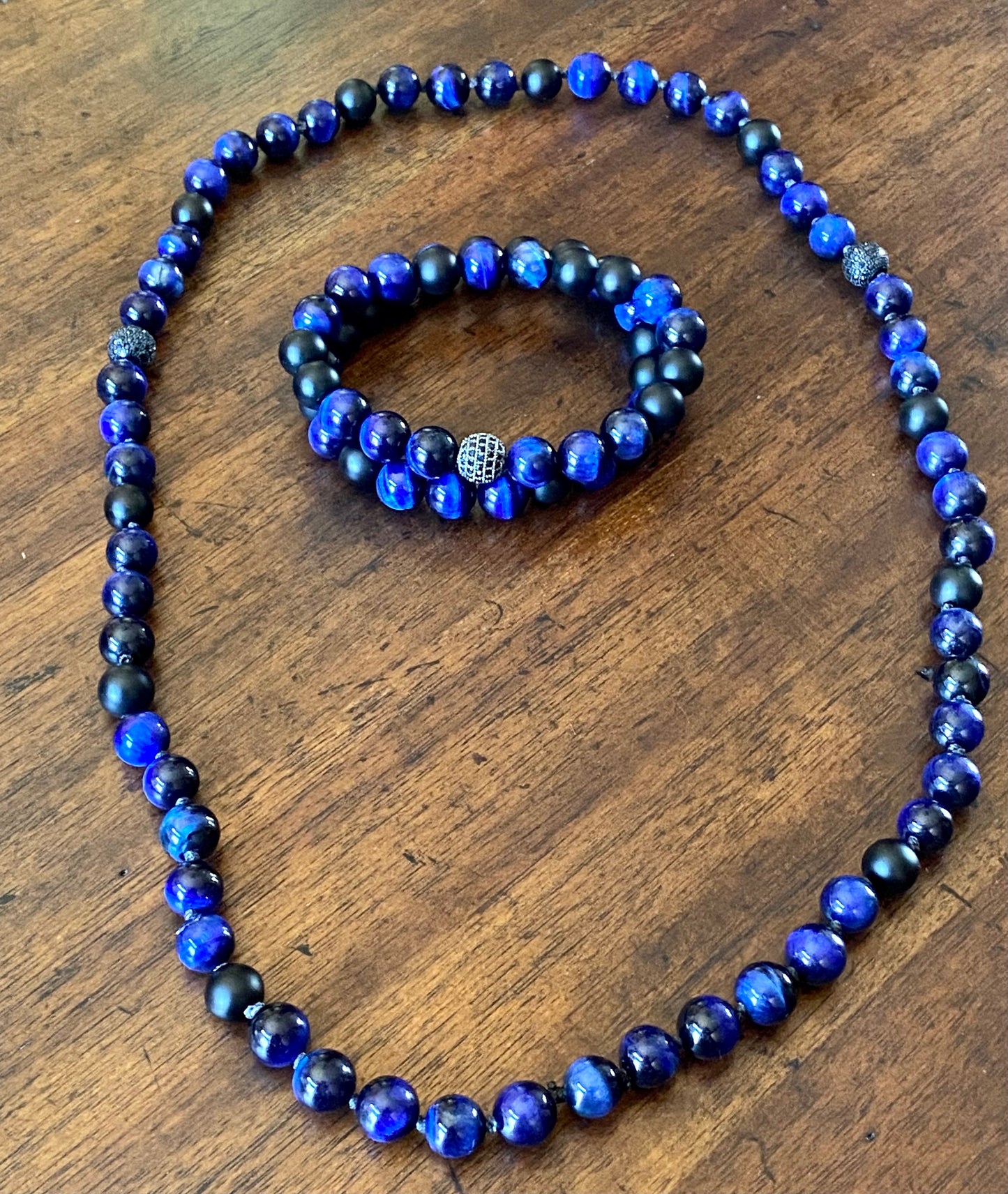 Men's Blue Tiger's Eye Beaded Necklace