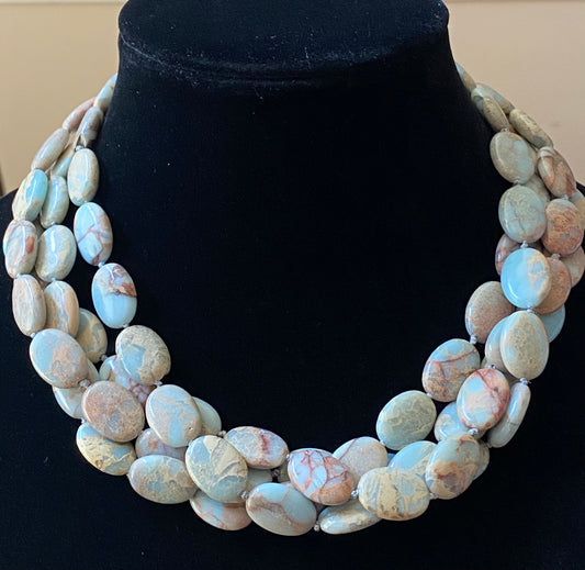 Ladies' Brown/Blue Sea Sediment Jasper Knotted Necklace - Oval