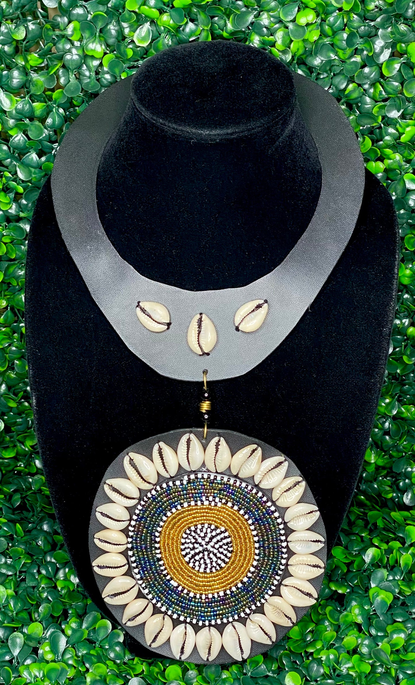 Black Leather Cowrie Shell Medallion Necklace