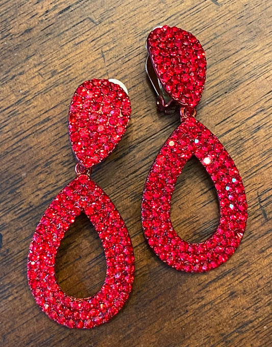 Red Crystal Teardrop Earrings - Clip-On