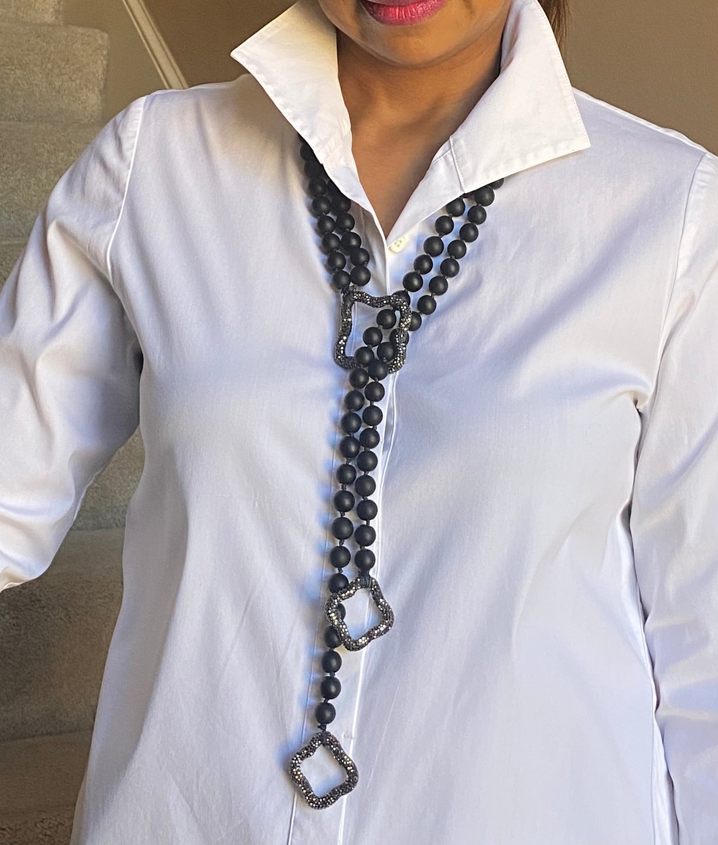 Ladies' Double Strand Long Onyx Necklace with Pave Accents