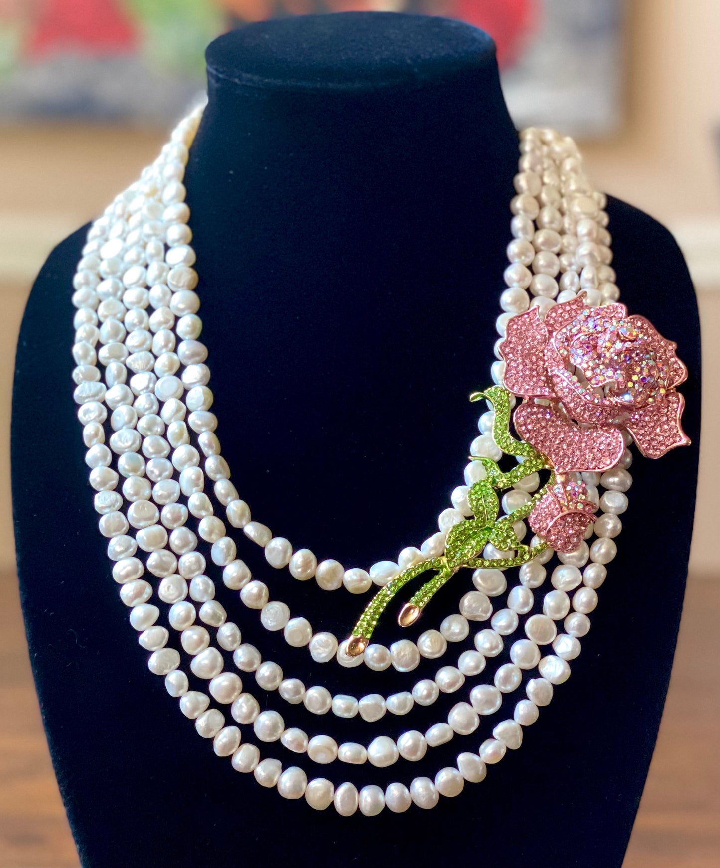 Multi-Strand Freshwater Pearl Necklace with Pink Pave Long Stem Rose Brooch