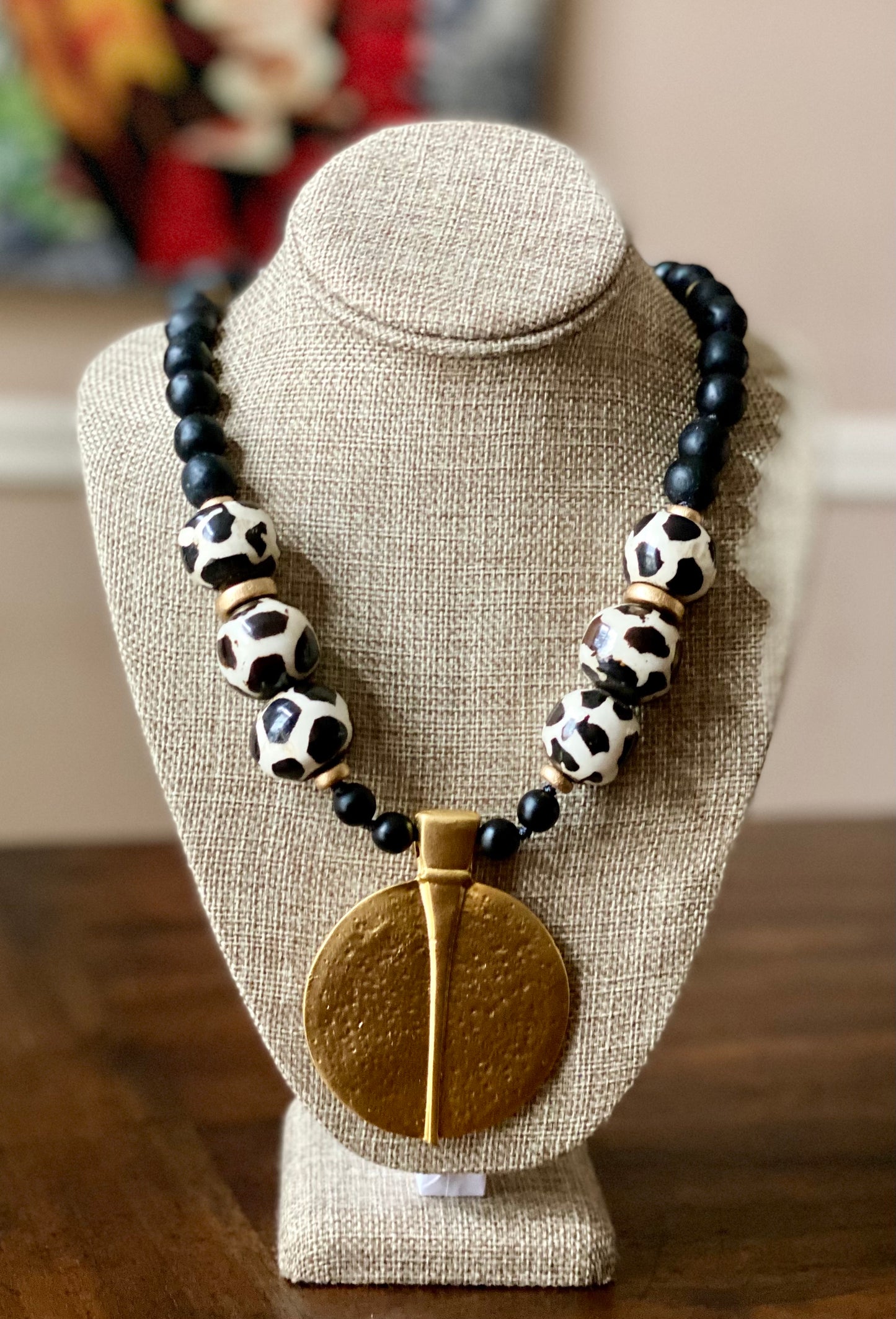 Black and White Giraffe Print Batik Bone Pendant Necklace