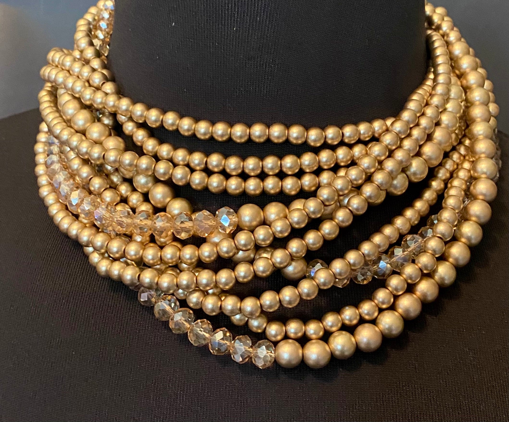 Multi-Strand Collar Necklace w/Crystal and Metallic Matte Beads