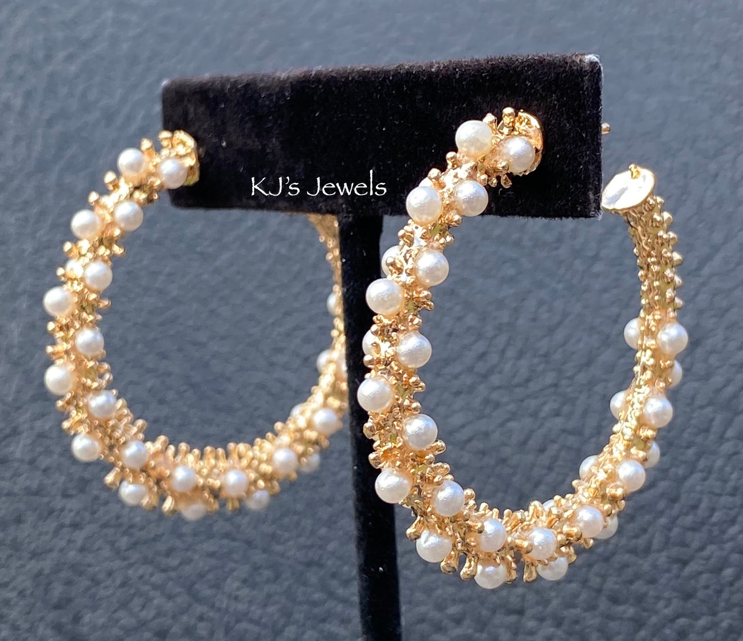 1.5 inch gold and pearl hoop earrings, pierced