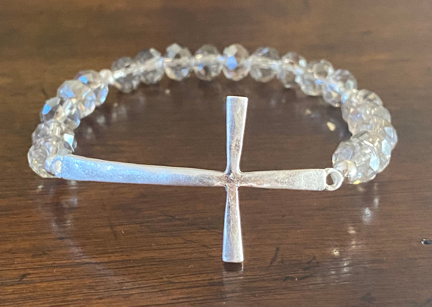 Crystal Bead Stretch Bracelet with Hammered Cross Accent