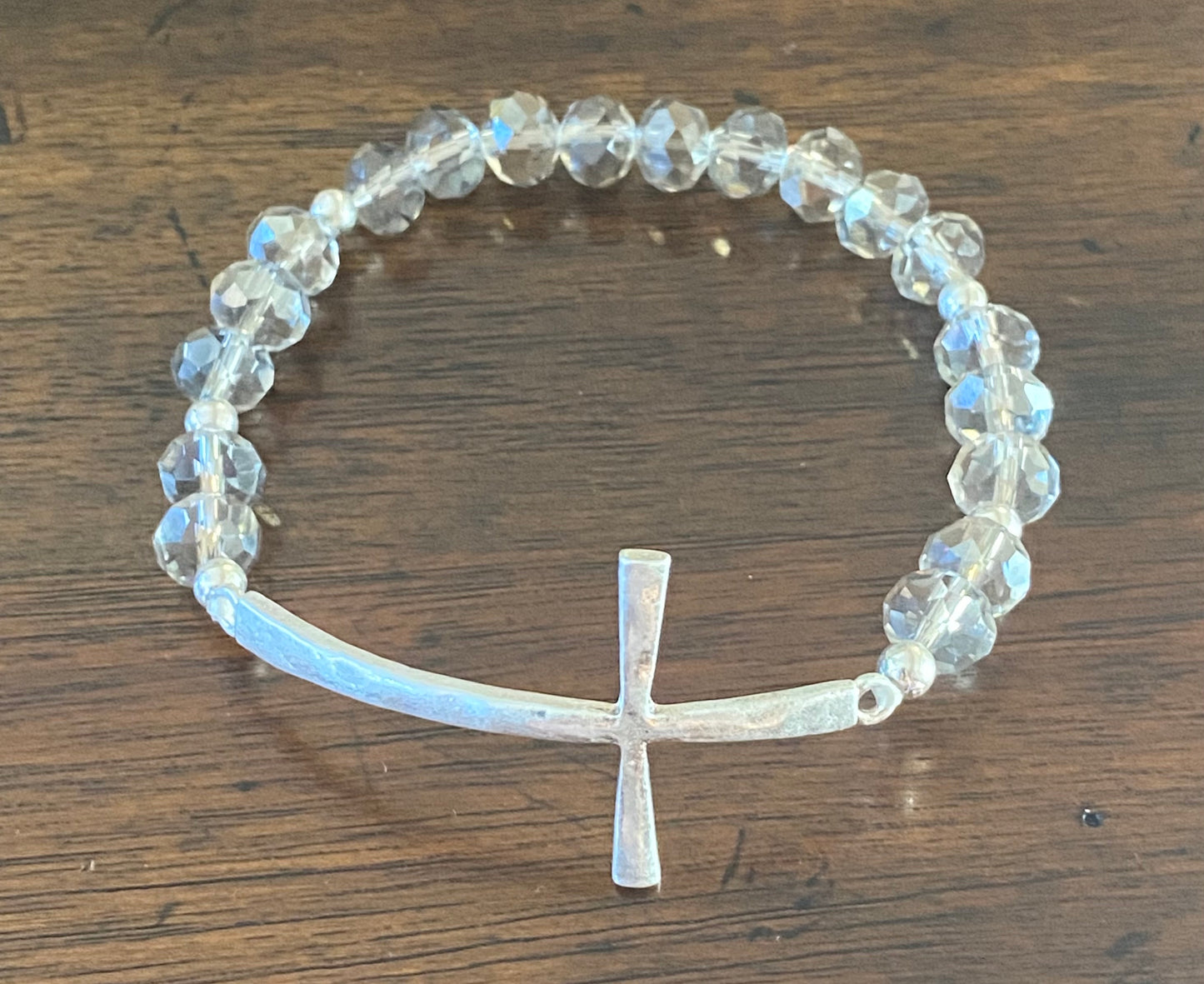 Crystal Bead Stretch Bracelet with Hammered Cross Accent