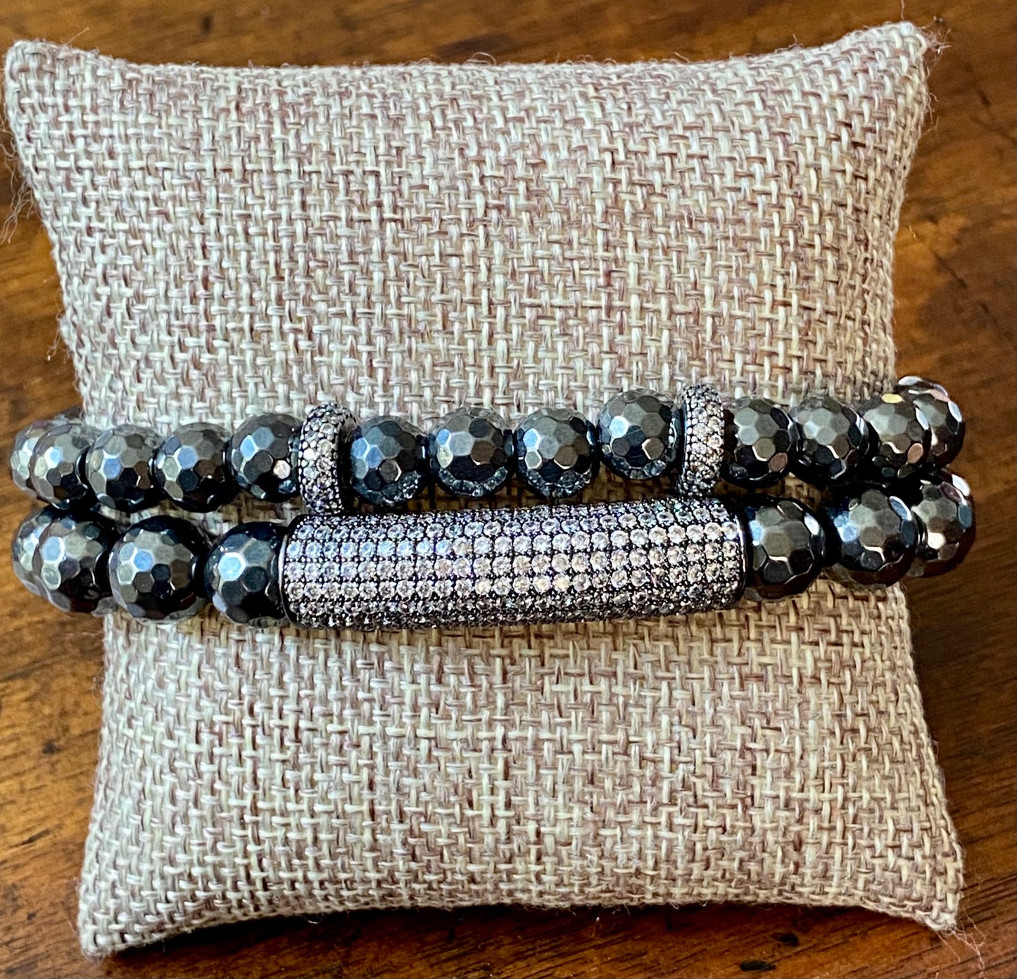 Men's Hematite Stretch Bracelet Stack with Pavé Accent Beads
