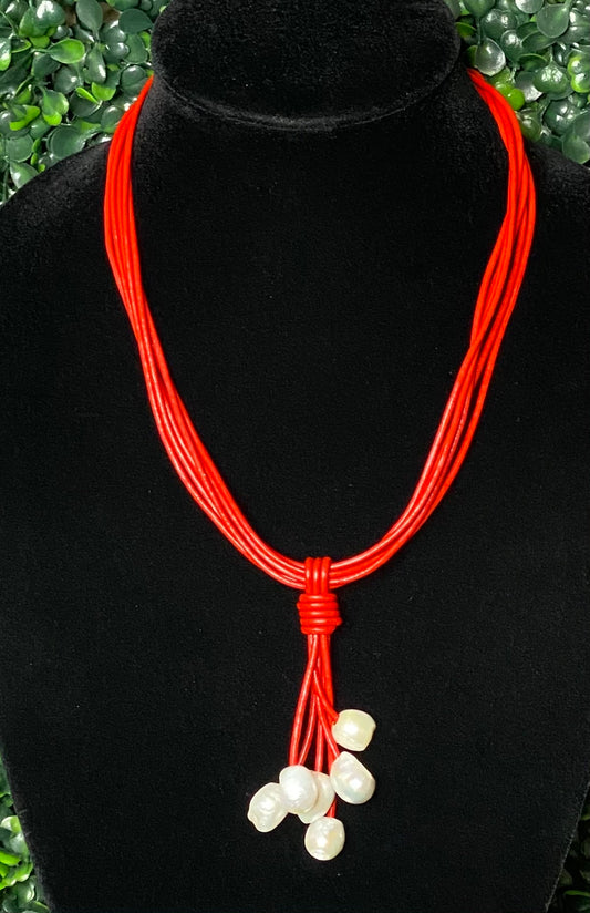 Multi-Strand Leather Necklace with Large Baroque Pearls