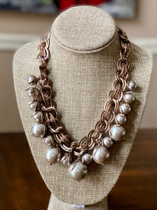 Matte Metallic Rose Gold Chain Link and Pearl Necklace