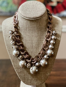 Matte Metallic Rose Gold Chain Link and Pearl Necklace