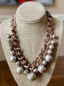 Matte Metallic Rose Gold Chain Link and Pearl Necklace