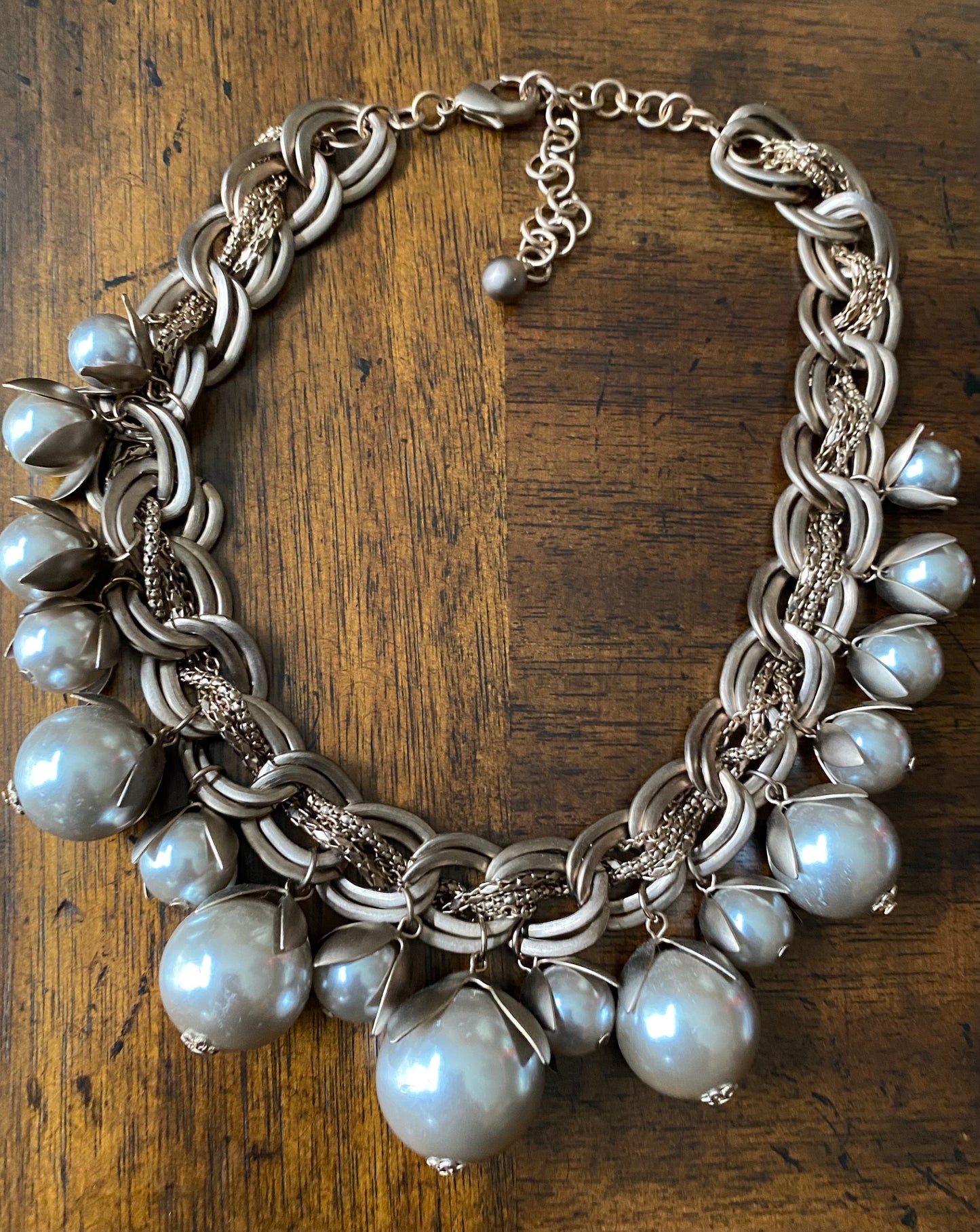 Matte Metallic Rose Gold Chain Link and Pearl Necklace