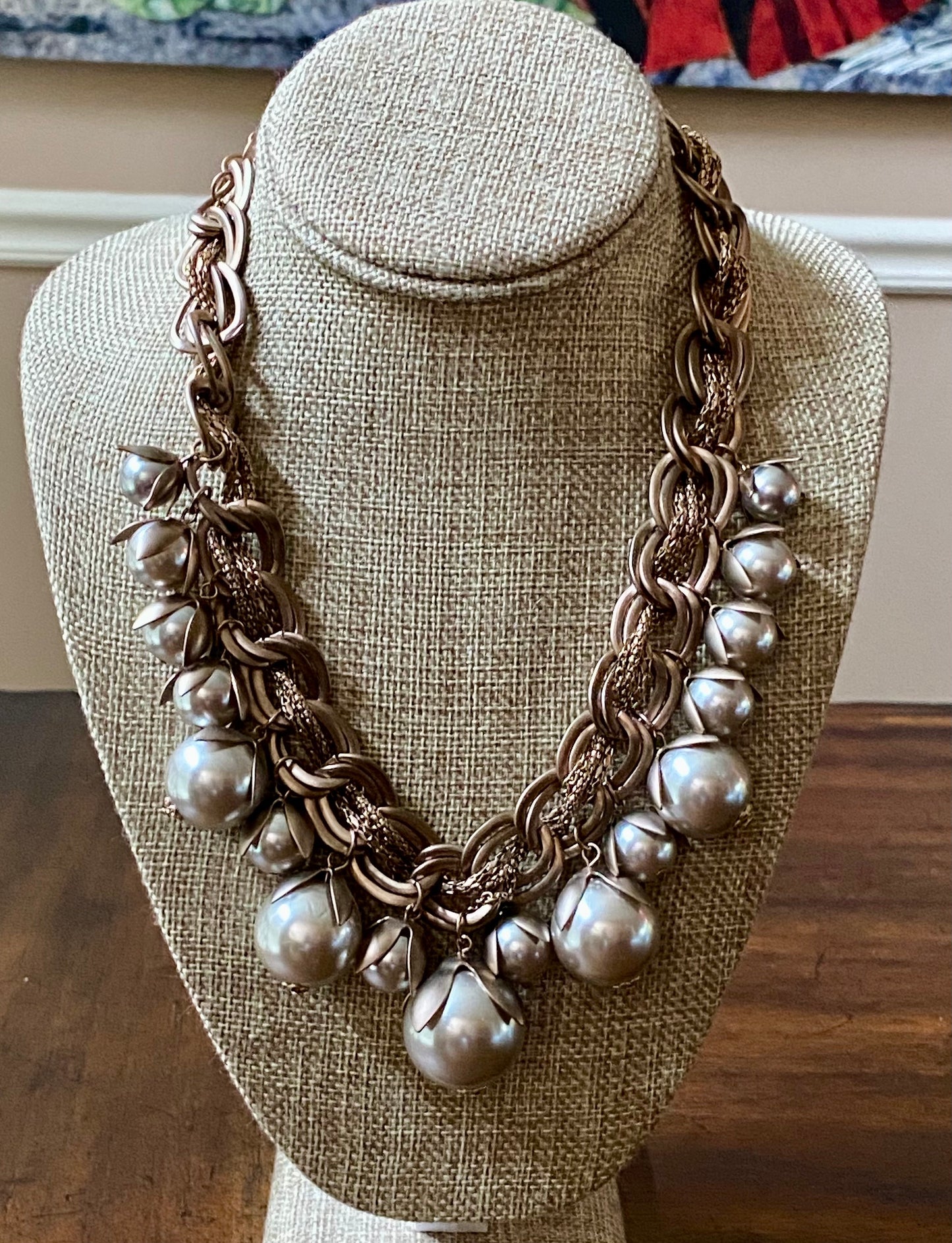Matte Metallic Rose Gold Chain Link and Pearl Necklace