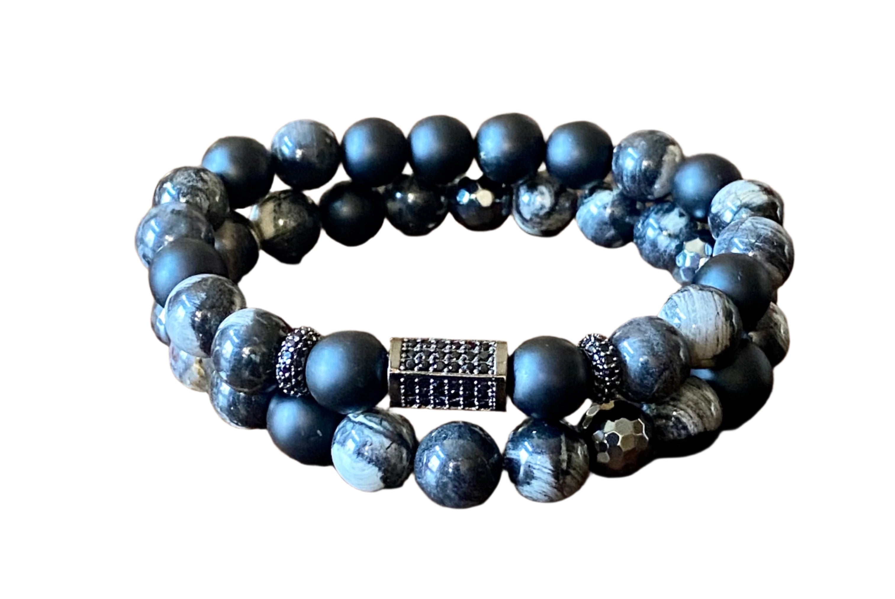 Men's 10mm Black Silver Leaf Jasper Bracelet Stack