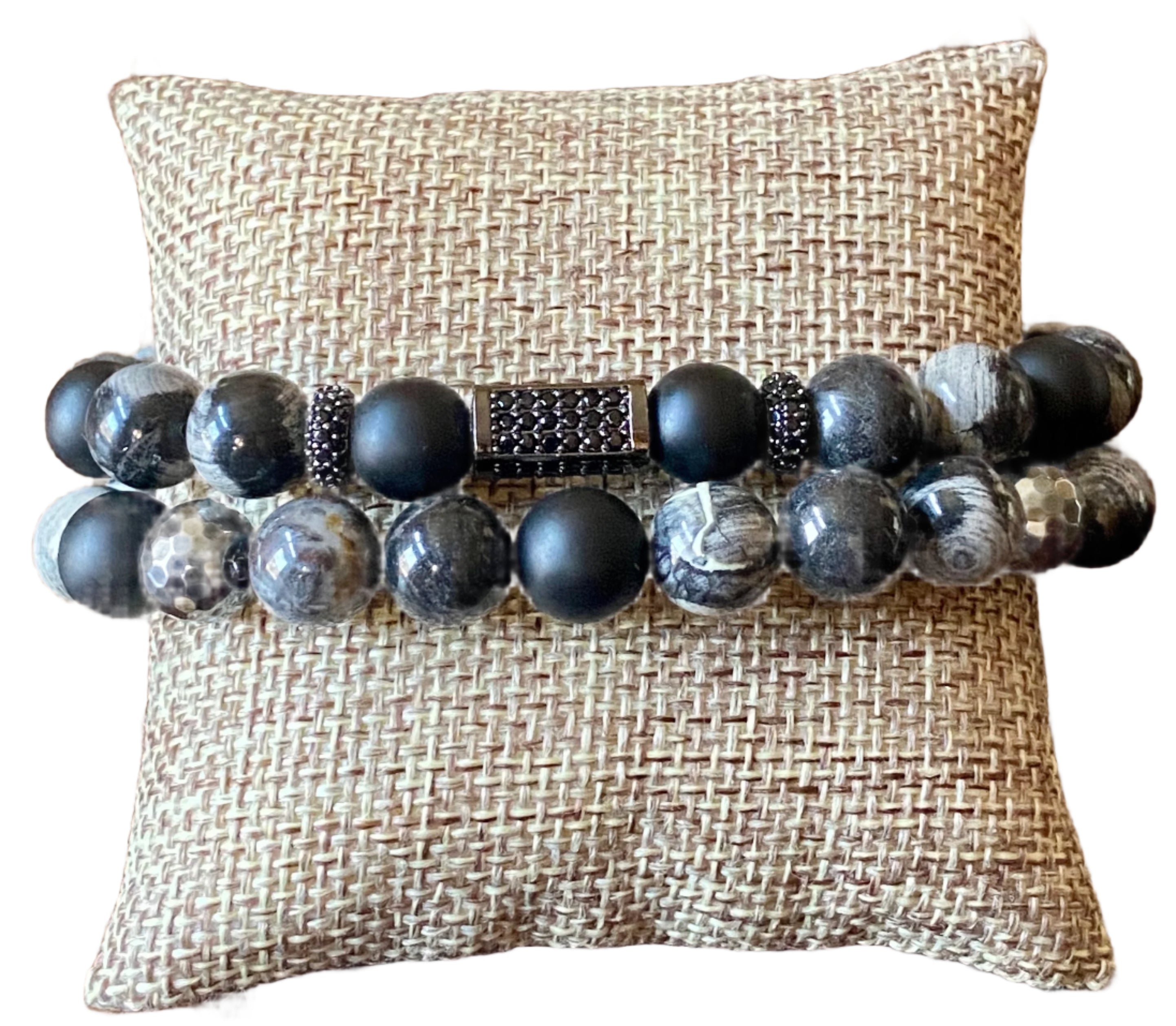 Men's 10mm Black Silver Leaf Jasper Bracelet Stack