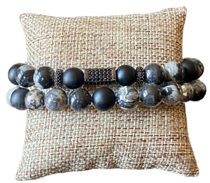 Men's 10mm Black Silver Leaf Jasper Bracelet Stack