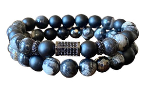 Men's 10mm Black Silver Leaf Jasper Bracelet Stack