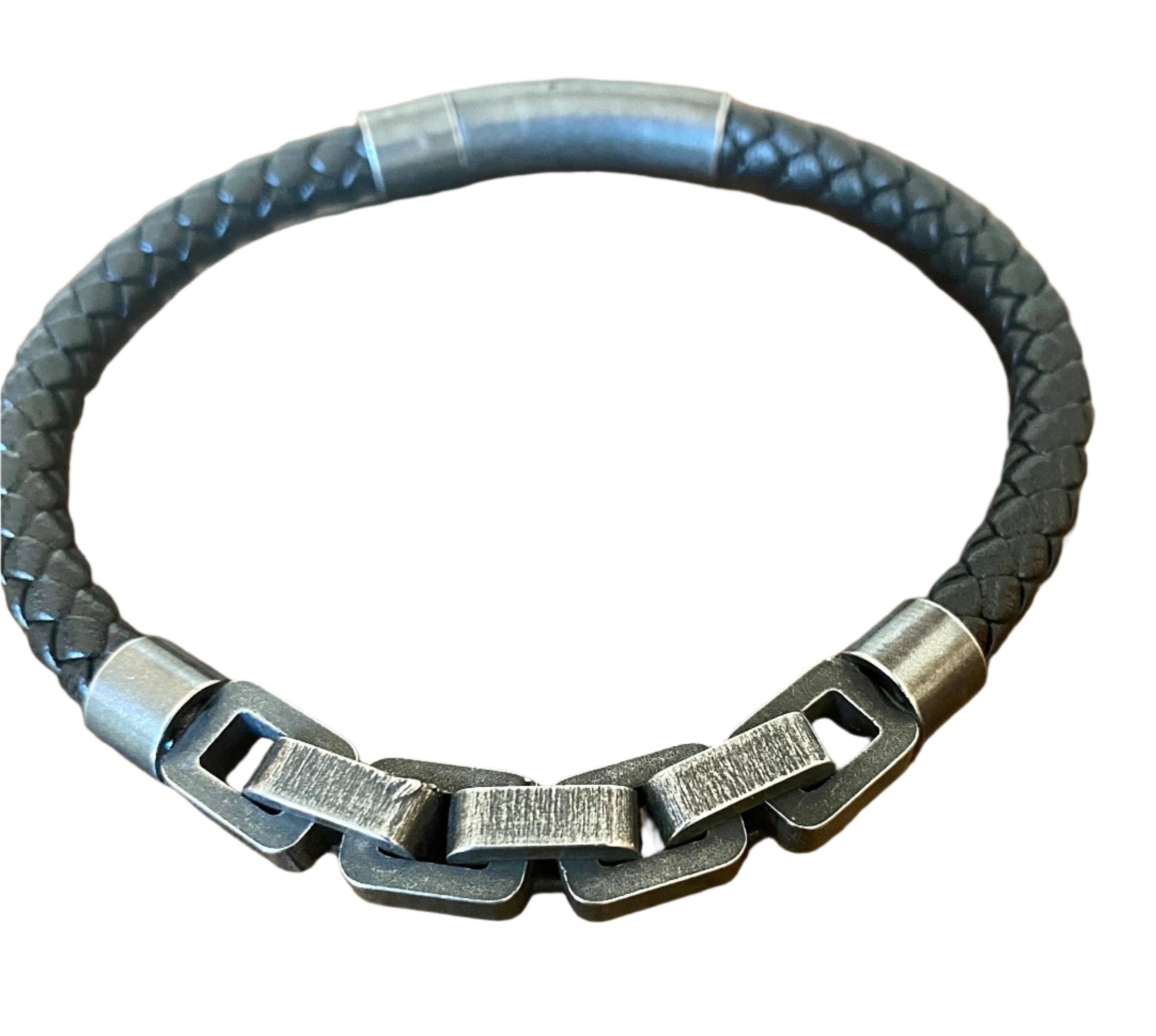 Men's Nappa Leather Bracelet with Stainless Steel Chain Link Accent