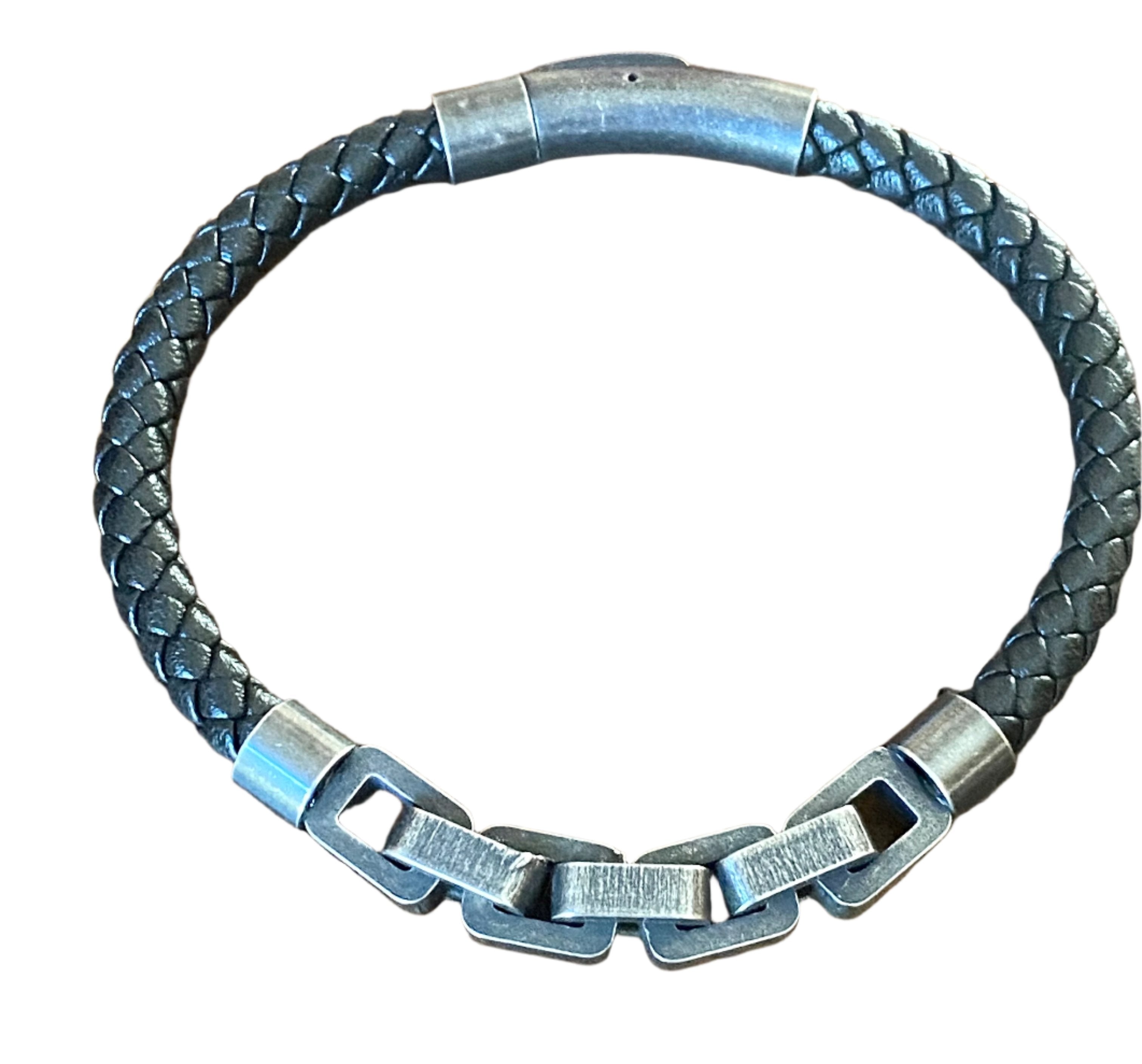 Men's Nappa Leather Bracelet with Stainless Steel Chain Link Accent
