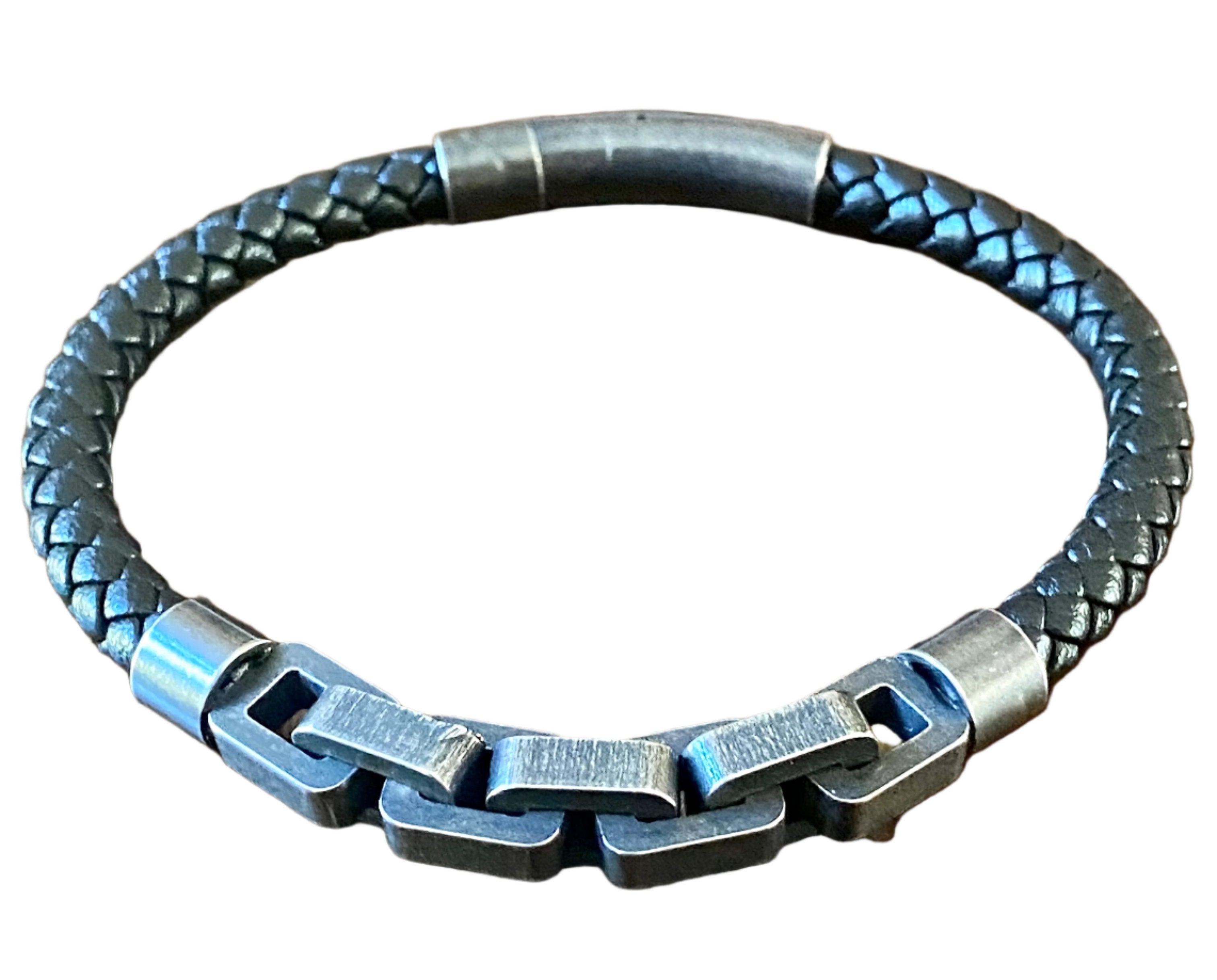 Men's Nappa Leather Bracelet with Stainless Steel Chain Link Accent