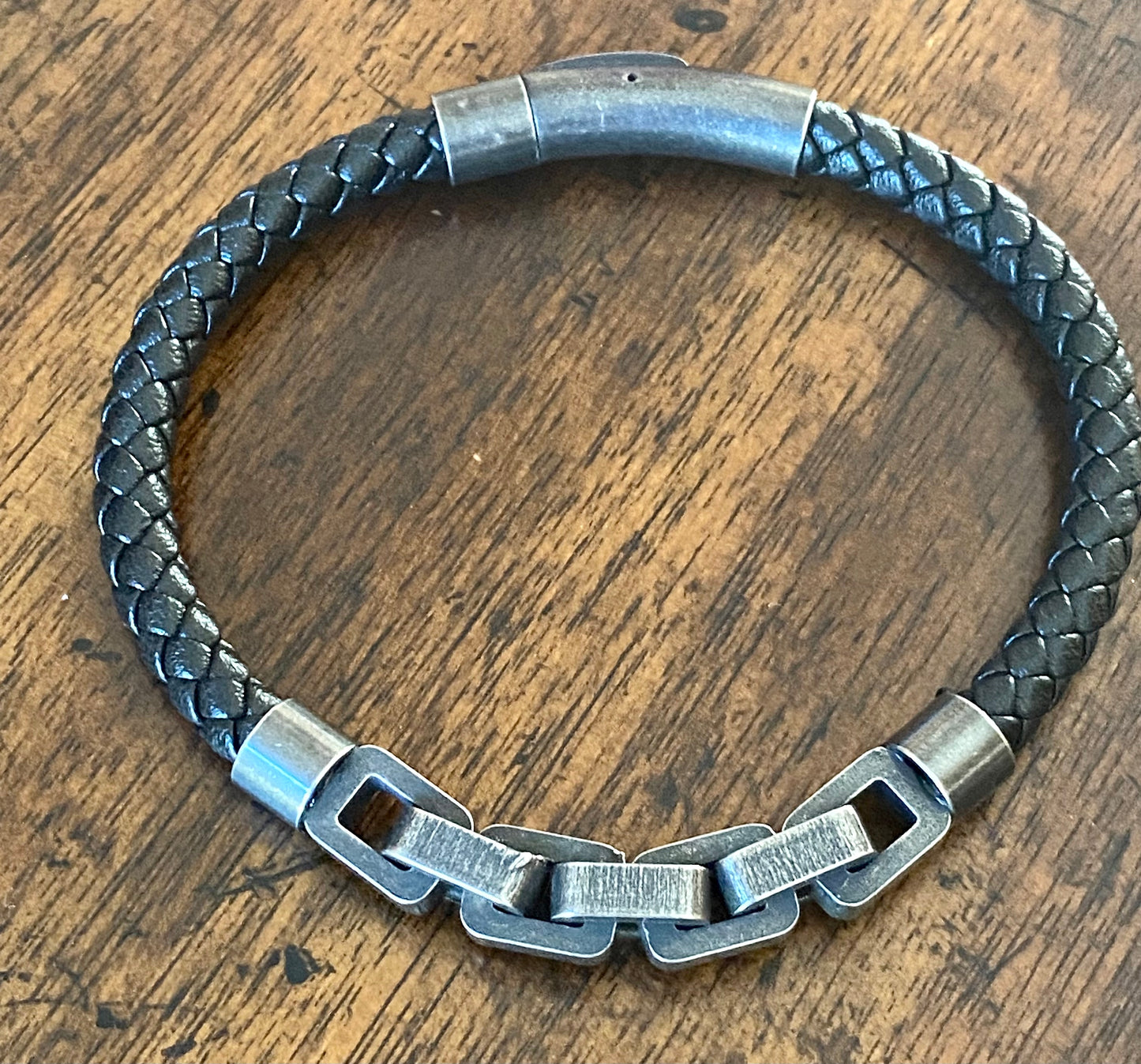 Men's Nappa Leather Bracelet with Stainless Steel Chain Link Accent