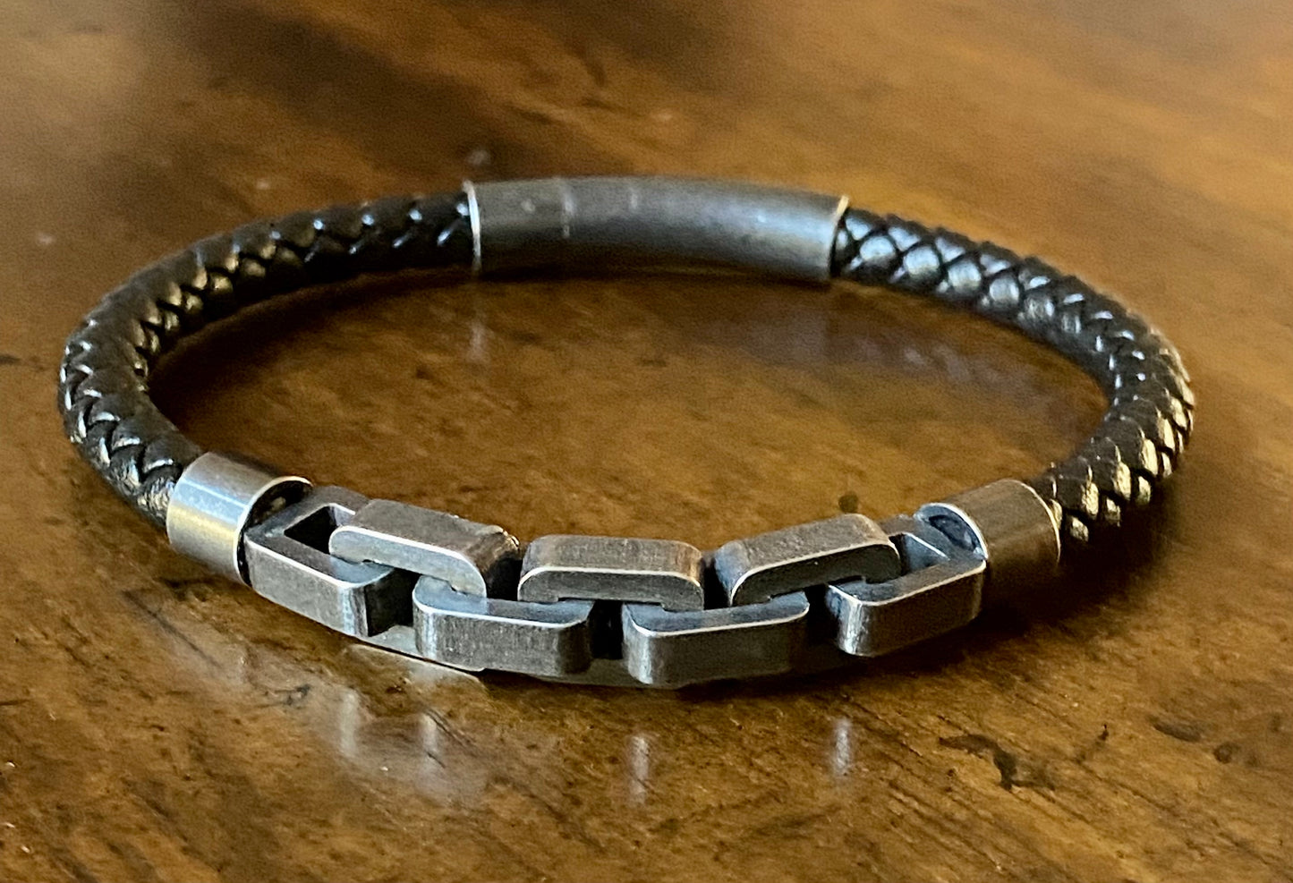 Men's Nappa Leather Bracelet with Stainless Steel Chain Link Accent