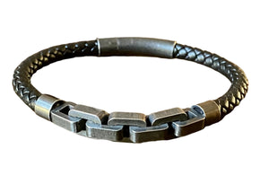 Men's Nappa Leather Bracelet with Stainless Steel Chain Link Accent