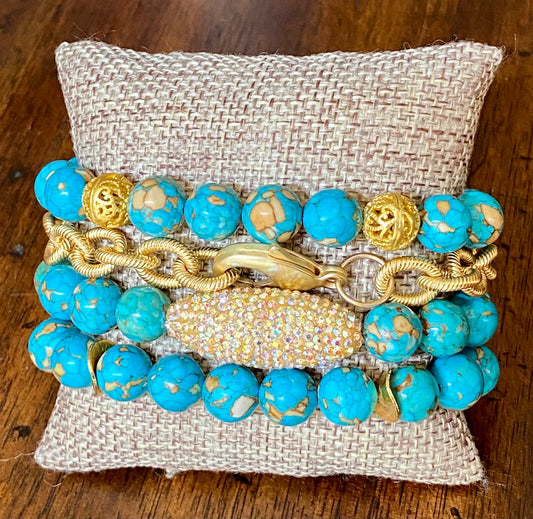 Ladies' Mosaic Turquoise and Gold Bracelet Stack