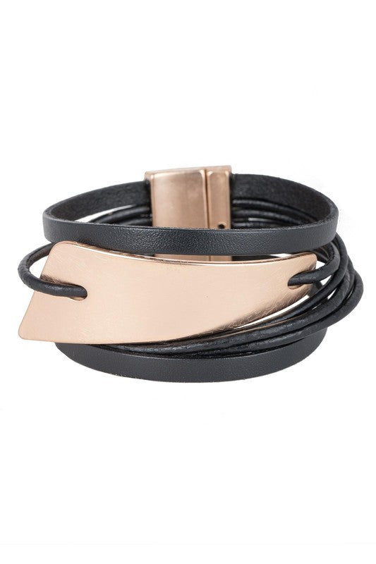 Multi-Strand Vegan Leather Bracelet w/ Geometric Accent
