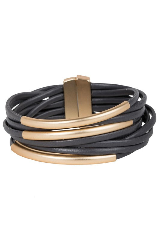 Multi-Strand PU Leather Bracelet with Gold Tubing
