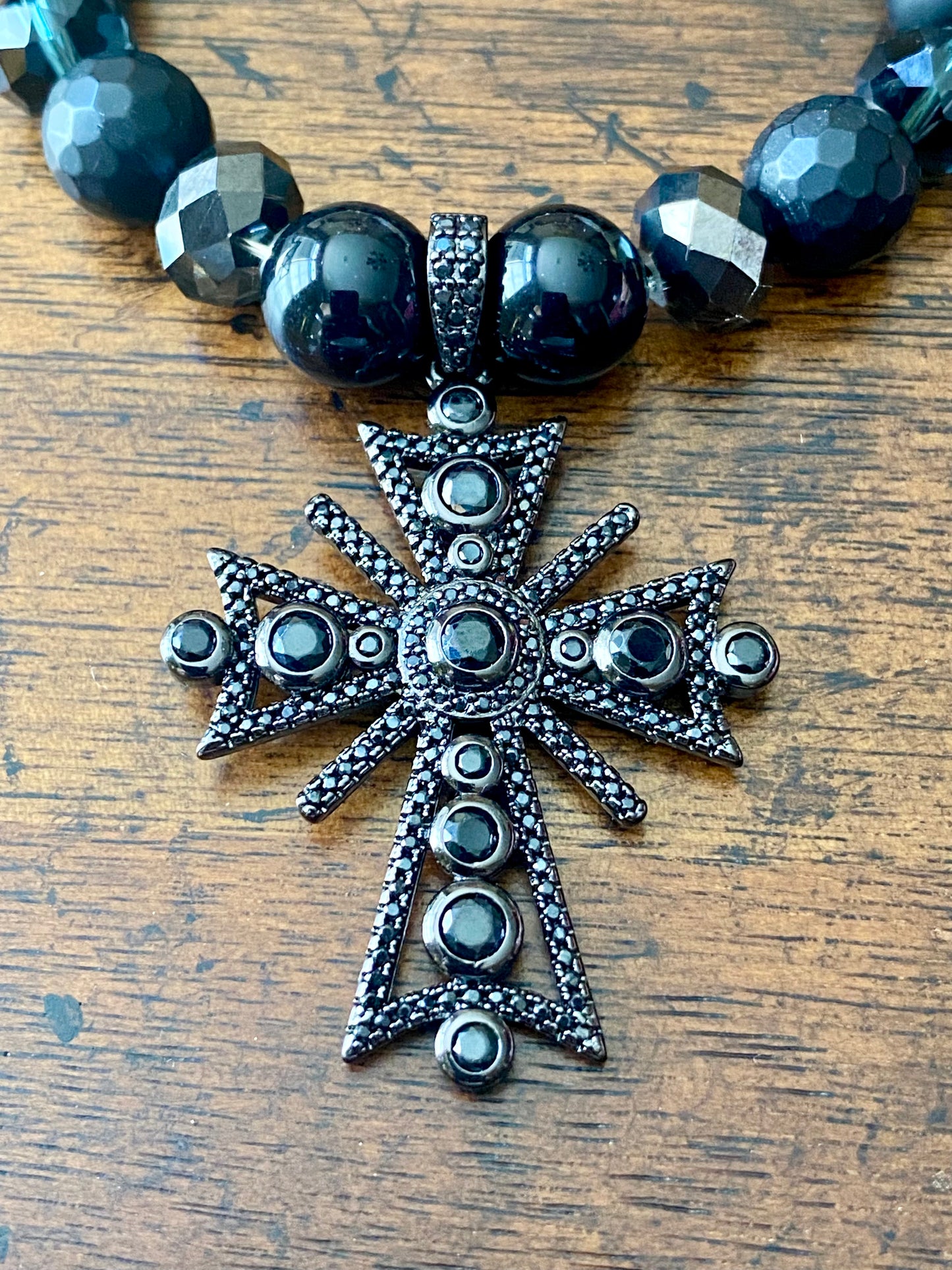 Onyx/ Smoke Crystal Stretch Bracelet with Cross
